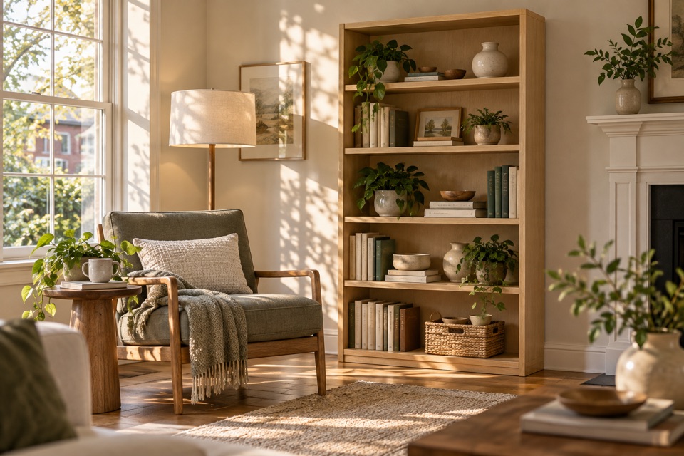 Illustrative reading corner with an oak bookcase and upholstered chair, AI-generated concept
