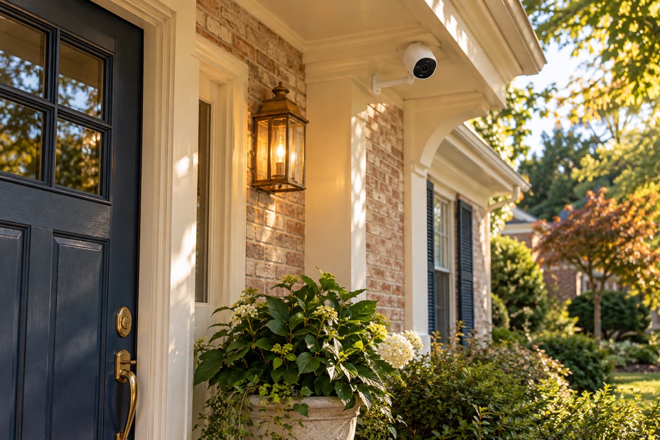 Illustrative home entrance with an outdoor security camera, AI-generated concept