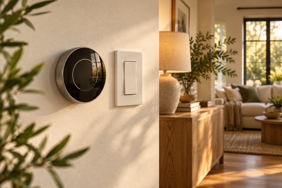 Illustrative smart thermostat and wall switch in a warm home interior, AI-generated concept